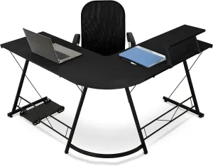 L-Shaped Corner PC Computer Desk, Large L Shape Wood Steel Metal Laptop Study Corner Workstation Gaming Desk Table for Home and Office - Black