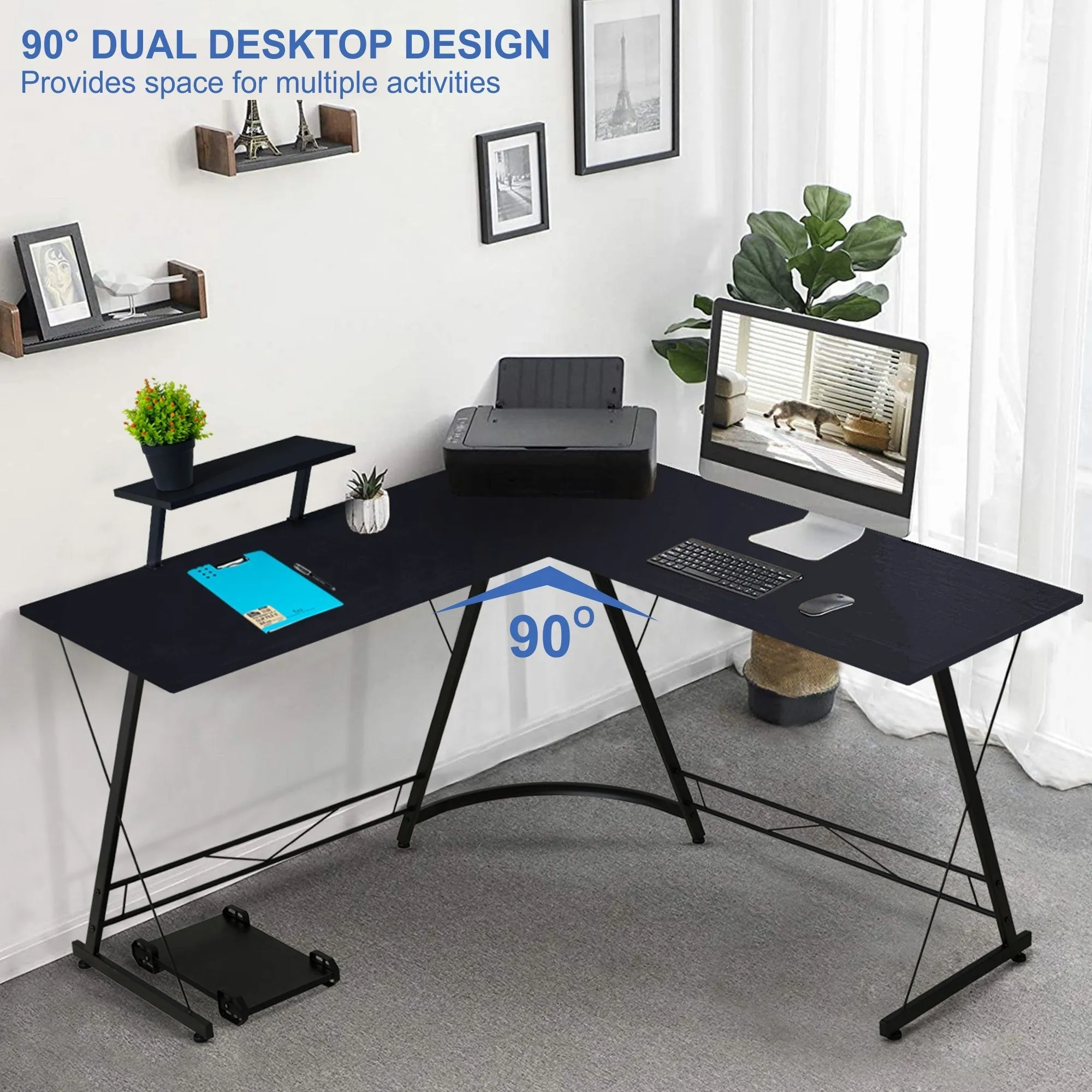 L-Shaped Corner PC Computer Desk, Large L Shape Wood Steel Metal Laptop Study Corner Workstation Gaming Desk Table for Home and Office - Black