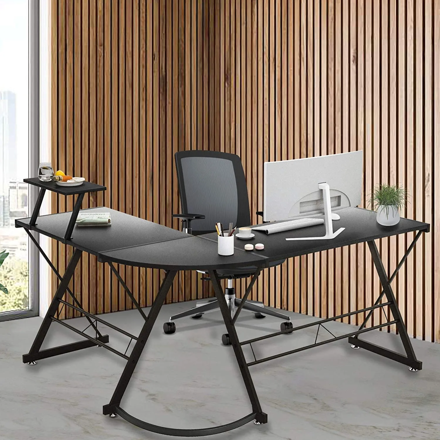 L-Shaped Corner PC Computer Desk, Large L Shape Wood Steel Metal Laptop Study Corner Workstation Gaming Desk Table for Home and Office - Black