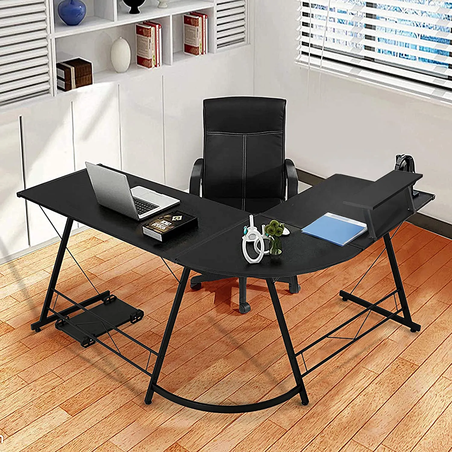 L-Shaped Corner PC Computer Desk, Large L Shape Wood Steel Metal Laptop Study Corner Workstation Gaming Desk Table for Home and Office - Black