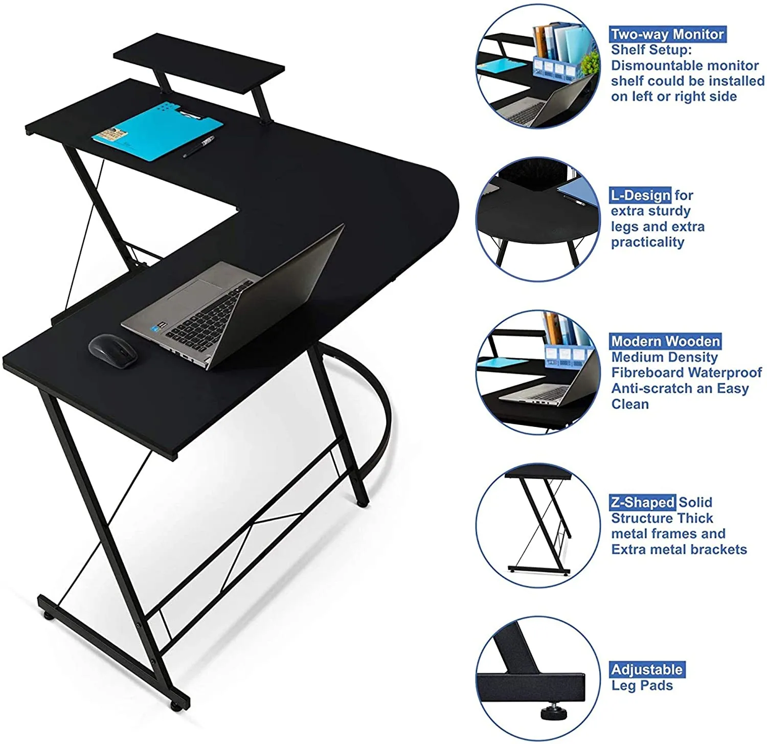 L-Shaped Corner PC Computer Desk, Large L Shape Wood Steel Metal Laptop Study Corner Workstation Gaming Desk Table for Home and Office - Black