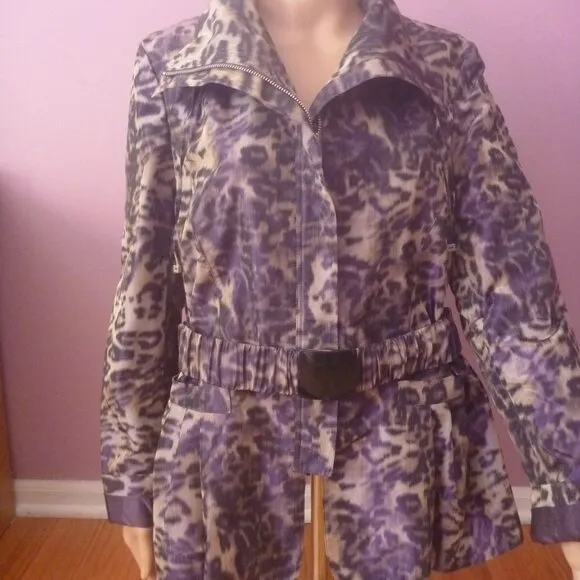 Lafayette 148 Zip Animal Print Leopard Jacket Purple Brown Belted Fitted 10 M