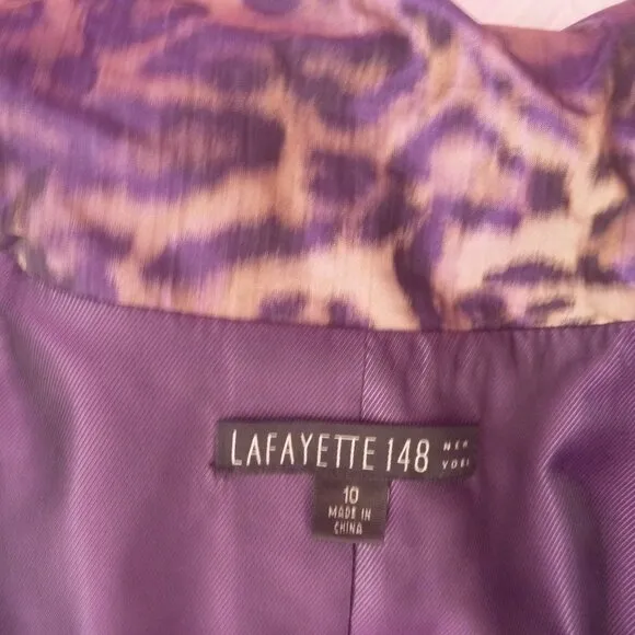 Lafayette 148 Zip Animal Print Leopard Jacket Purple Brown Belted Fitted 10 M