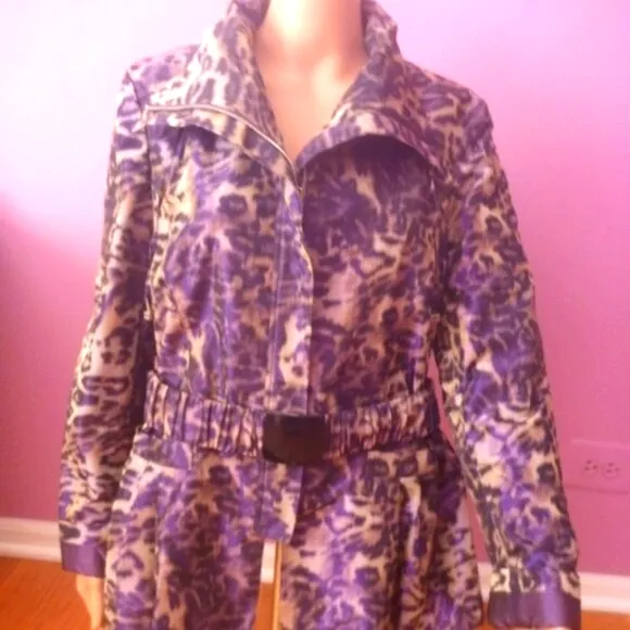 Lafayette 148 Zip Animal Print Leopard Jacket Purple Brown Belted Fitted 10 M