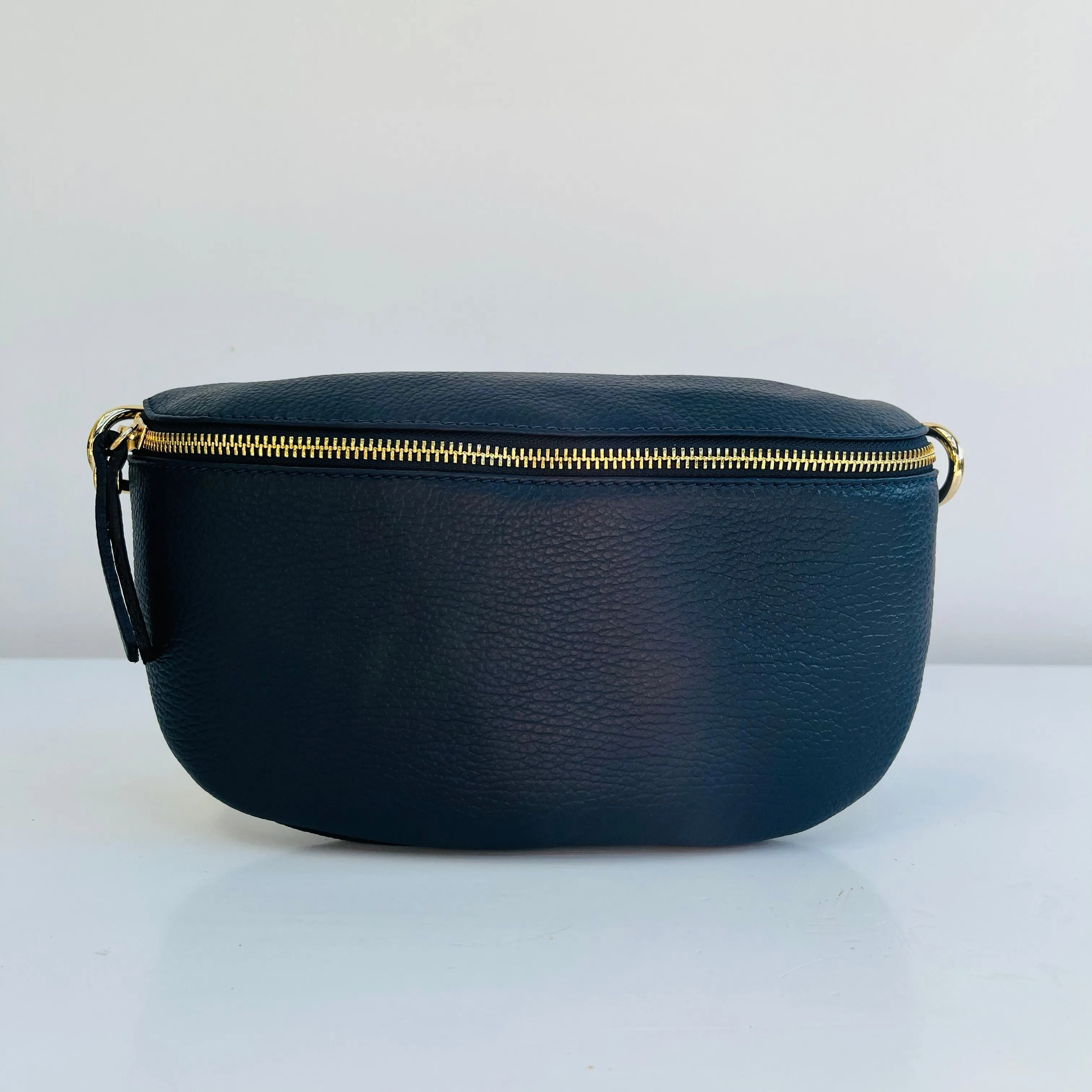 Large Navy Blue Leather Waist Crossbody Bag