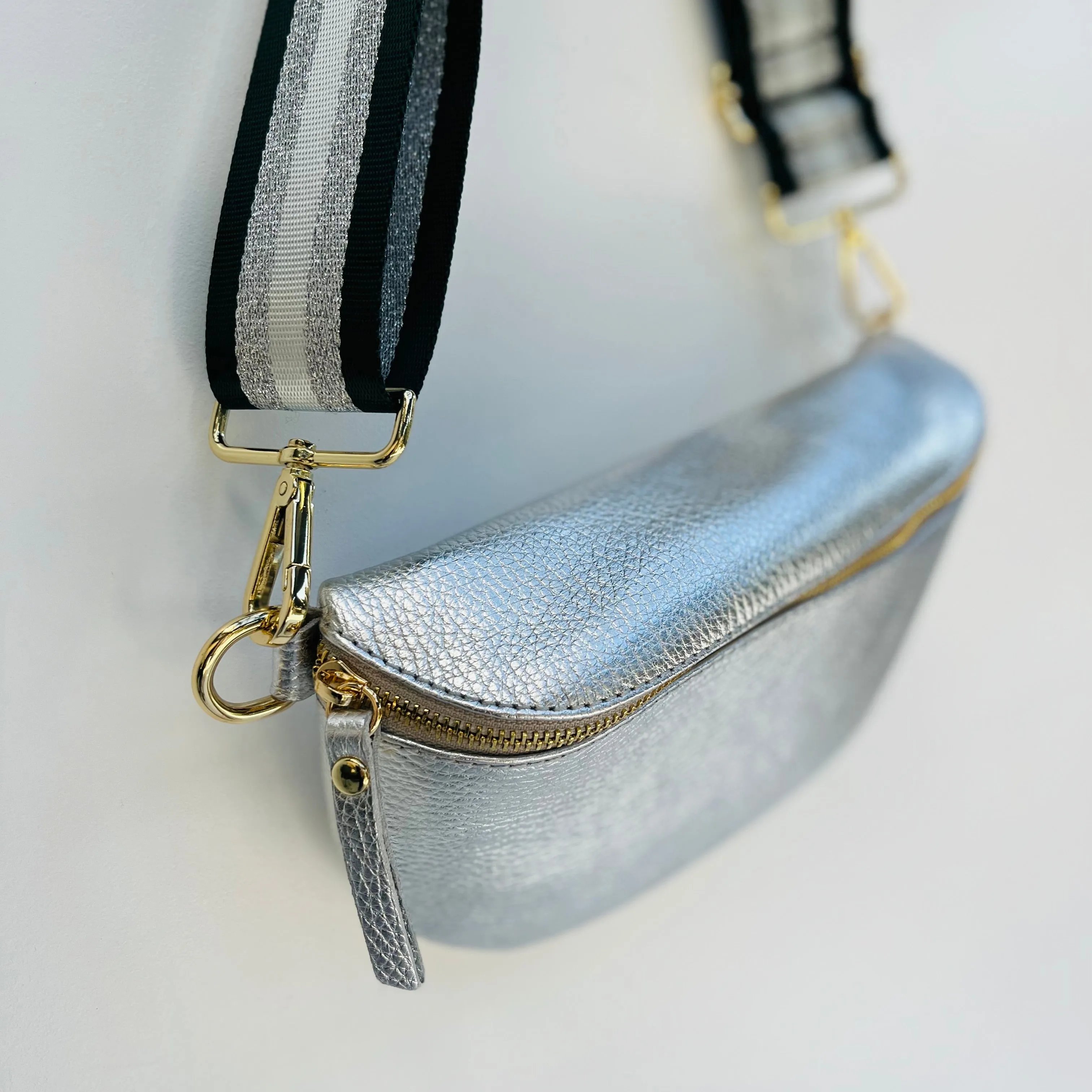 Large Silver Leather Waist Crossbody Bag