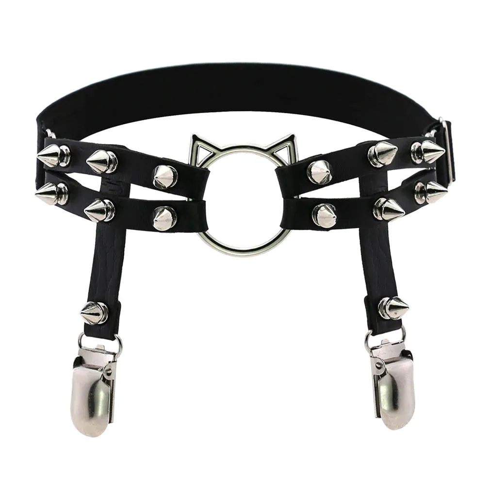 Leather Hand-studded Leg Loop Garter Belt