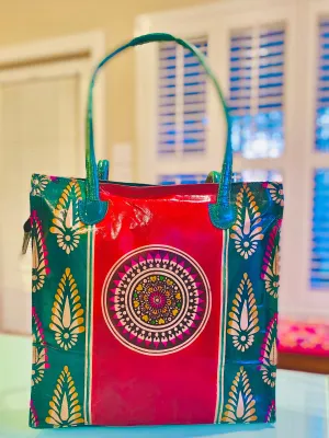 LEATHER PURSE red chakra with green border (Large)