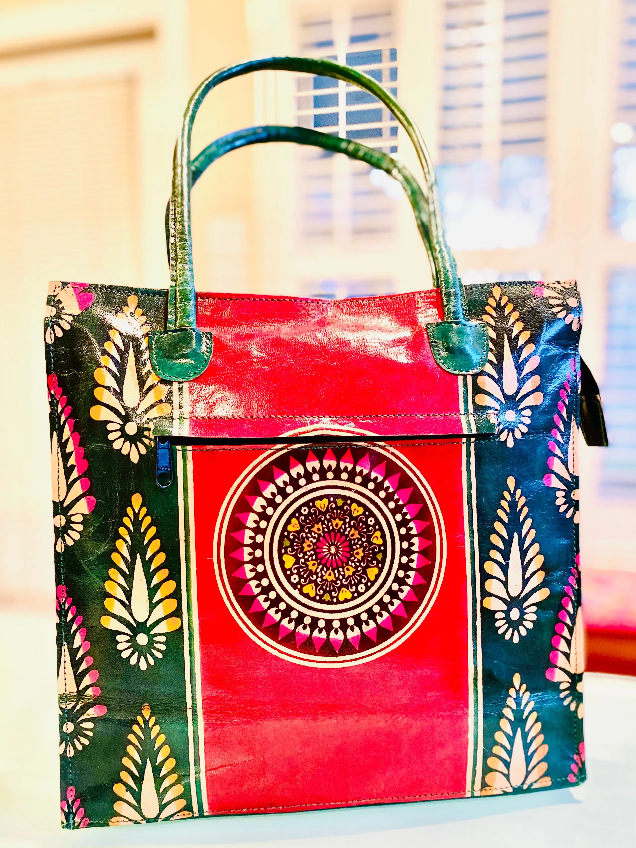 LEATHER PURSE red chakra with green border (Large)