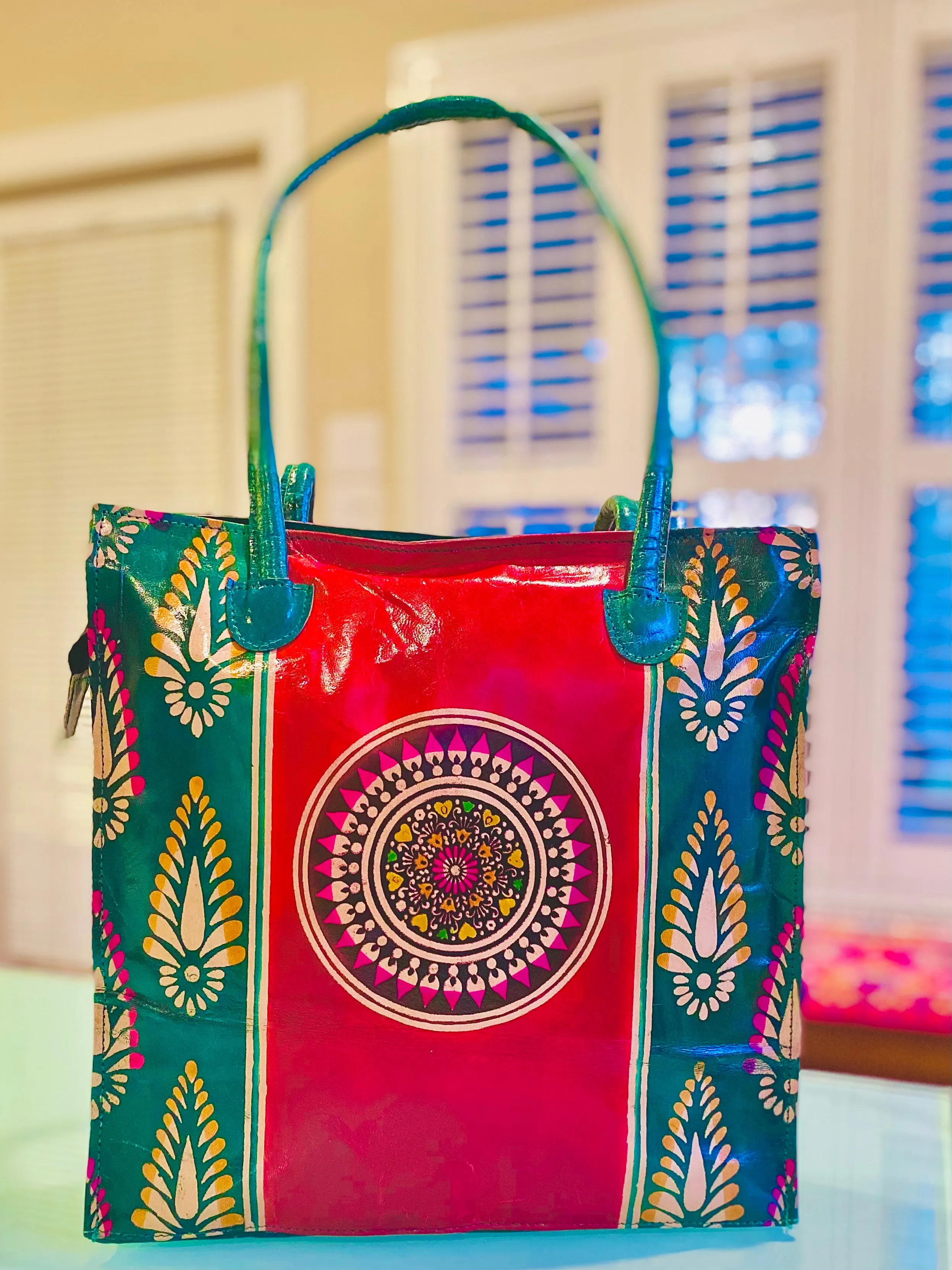 LEATHER PURSE red chakra with green border (Large)