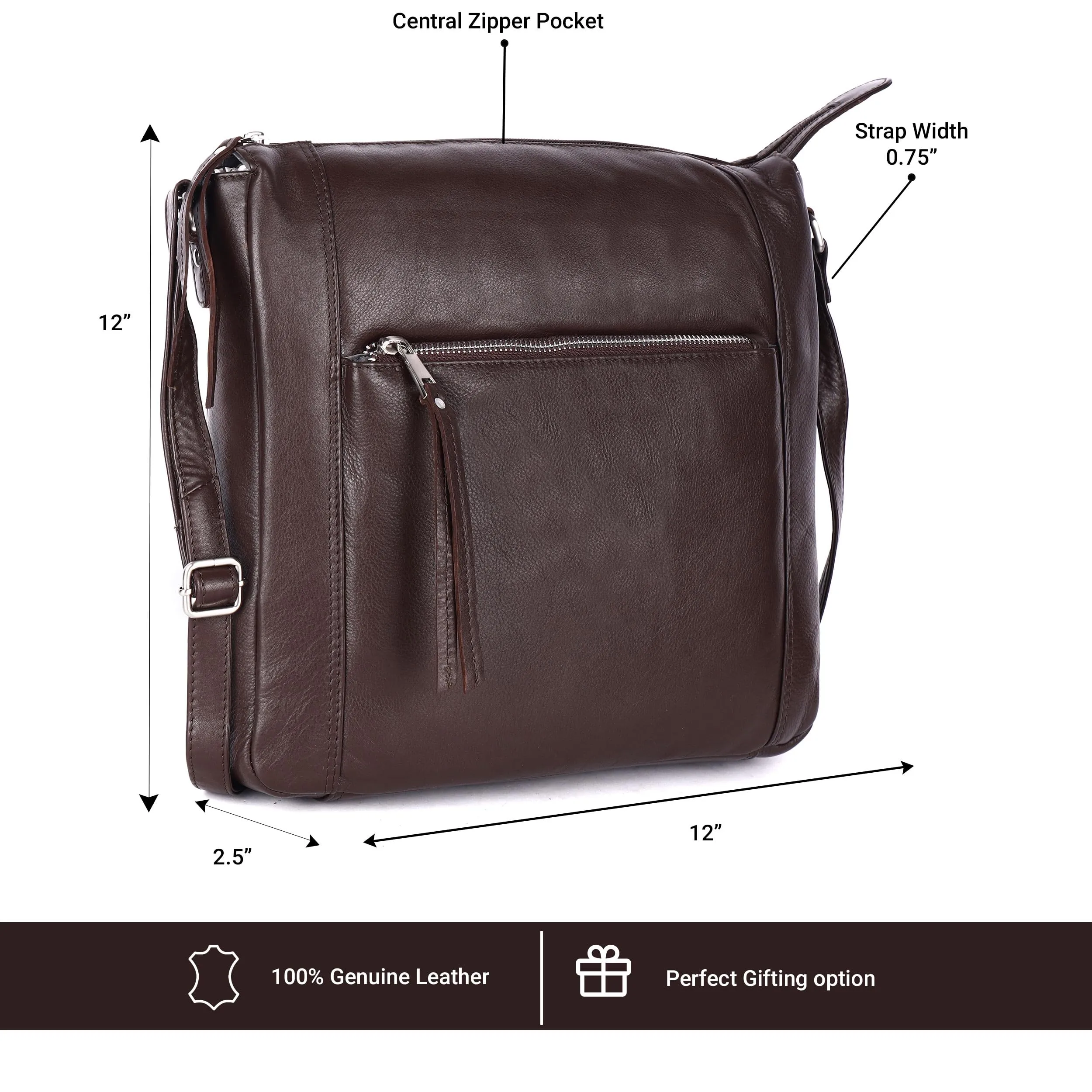 LEDERBUCK Erica Soft Napa Real Leather Large Cross body handbag-Double Zip Premium Sling Crossover Shoulder Bag for Women (Brown)