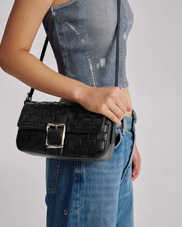 Lena Woven Baguette Bag - Black Soft