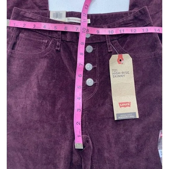 Levi's 721 Cord Skinny Jeans Women's 25 Dark Red Stretchy Soft High-Rise Buttons