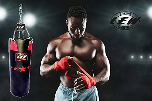 LEW 4FT Filled Heavy Haptex Leather Punch Bag Boxing MMA Sparring Punching Training Kick Boxing Muay Thai with Hanging Chain