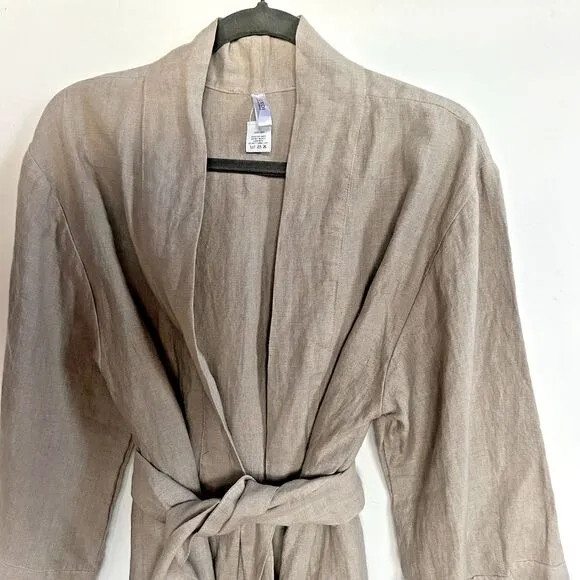 Lilikoi 100% Linen Mini L/S Kimono Robe with Belt in Natural Gray/Beige Color