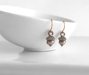 Little Acorn Earrings, small acorn earring, acorn dangle earring, copper acorn earring, antique copper dangle earring, squirrel earring tiny