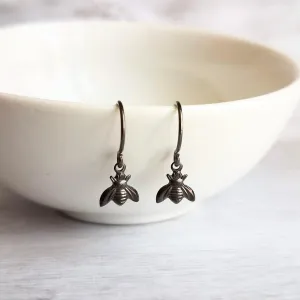 Little Bumblebee Earrings - tiny black gunmetal silver shiny bees, small simple delicate hooks, minimalist spring honeybee hive, honey gift