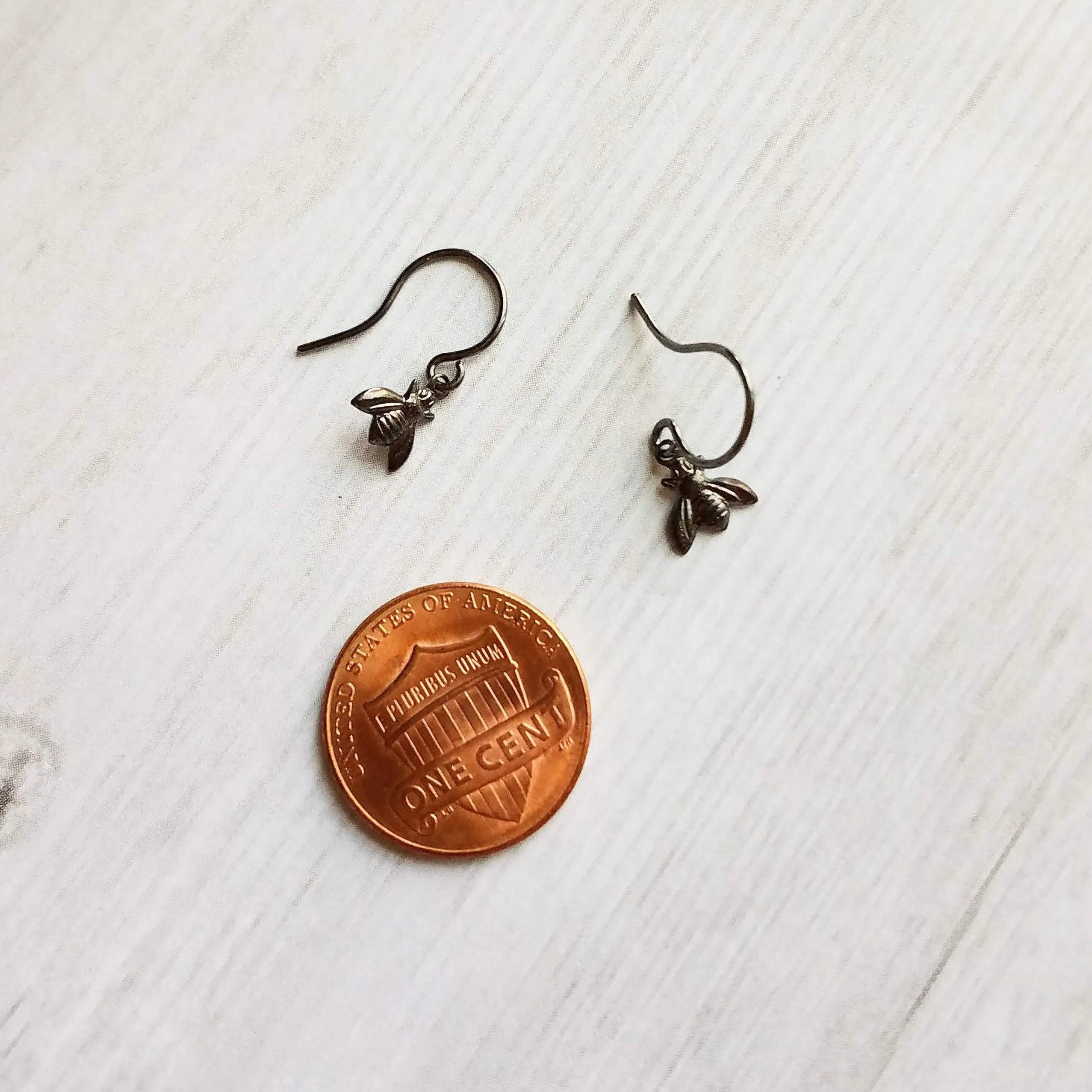 Little Bumblebee Earrings - tiny black gunmetal silver shiny bees, small simple delicate hooks, minimalist spring honeybee hive, honey gift