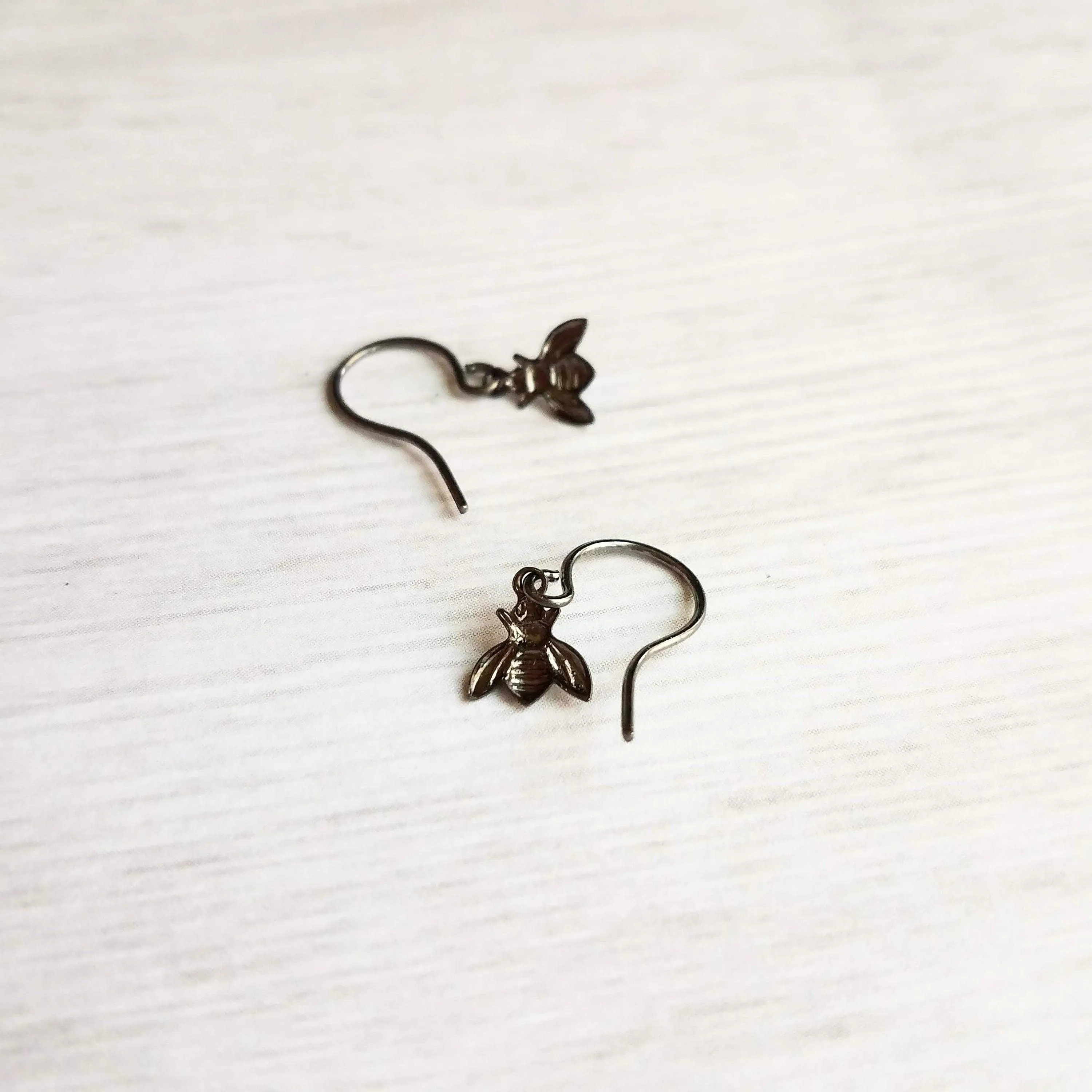 Little Bumblebee Earrings - tiny black gunmetal silver shiny bees, small simple delicate hooks, minimalist spring honeybee hive, honey gift