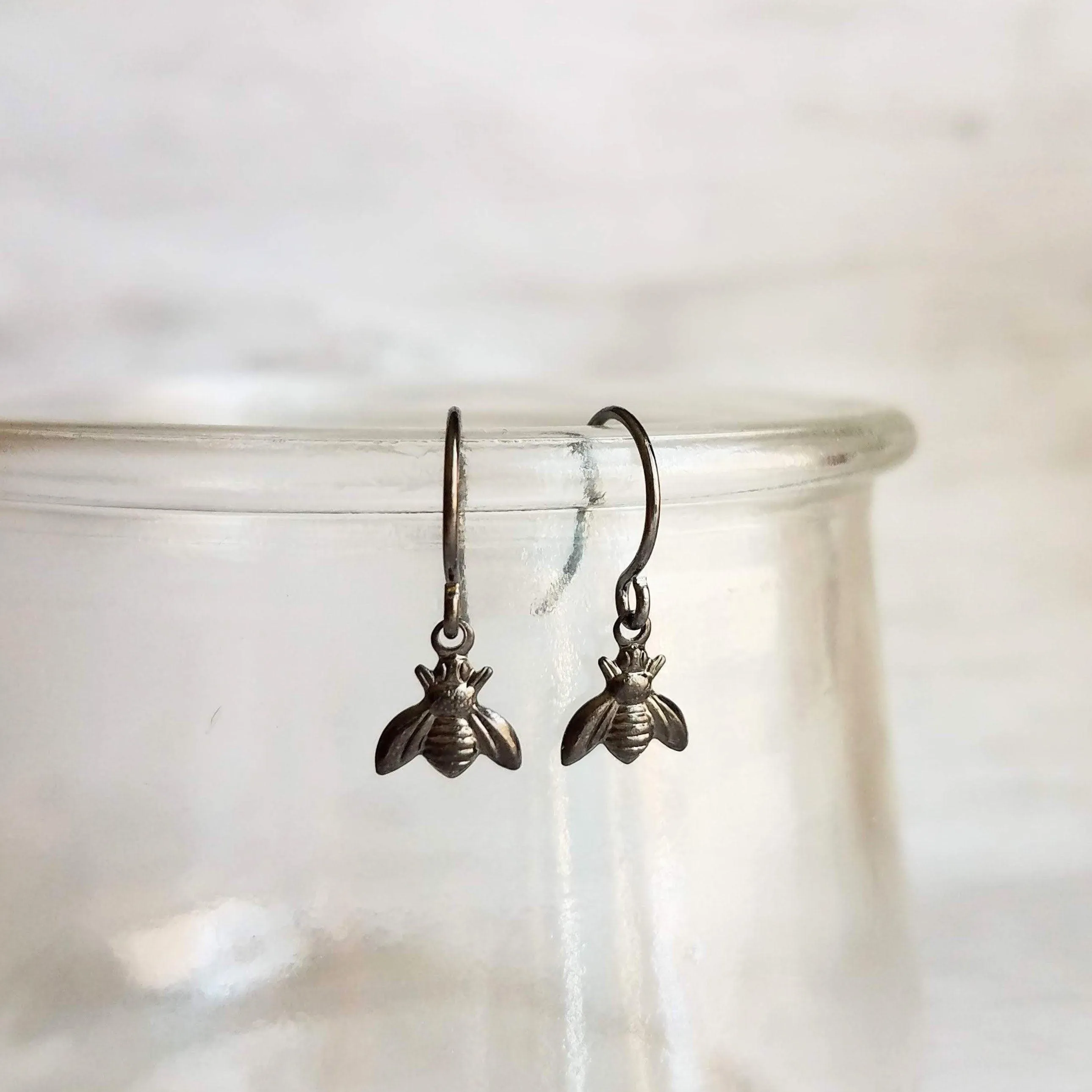 Little Bumblebee Earrings - tiny black gunmetal silver shiny bees, small simple delicate hooks, minimalist spring honeybee hive, honey gift