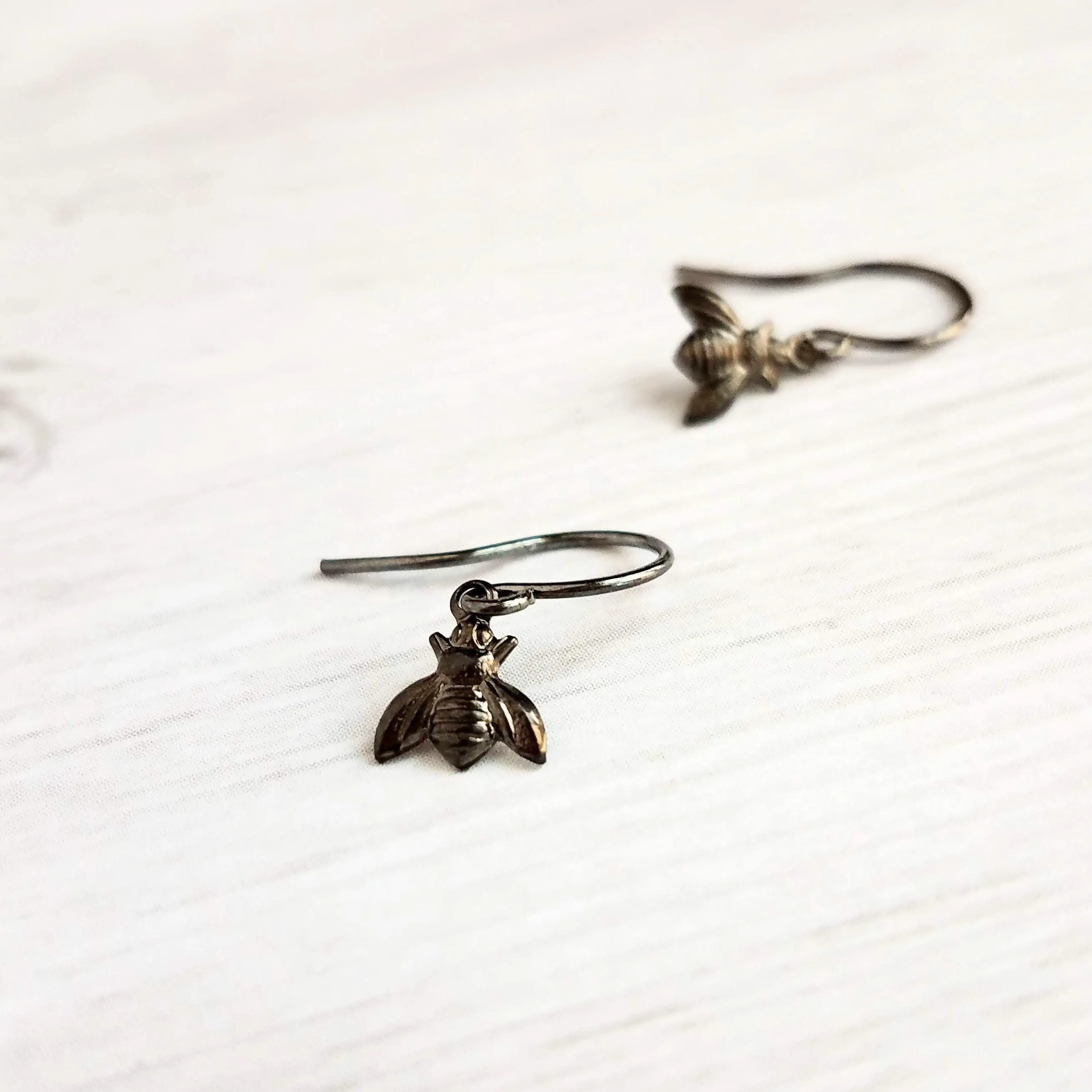 Little Bumblebee Earrings - tiny black gunmetal silver shiny bees, small simple delicate hooks, minimalist spring honeybee hive, honey gift