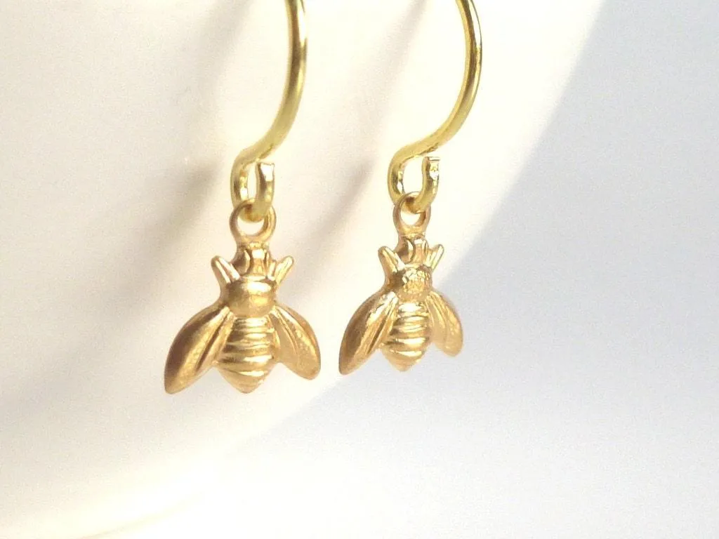 Little Bumblebee Earrings - tiny black gunmetal silver shiny bees, small simple delicate hooks, minimalist spring honeybee hive, honey gift