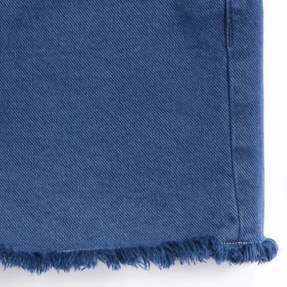 LOFT mid rise frayed hem denim shorts, 33&quot;, blue