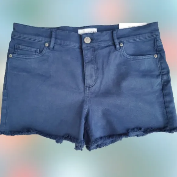 LOFT mid rise frayed hem denim shorts, 33&quot;, blue