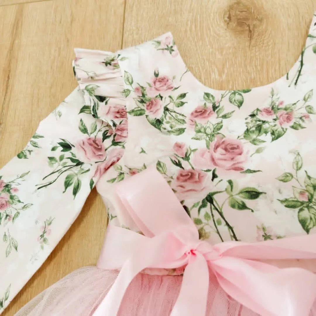 Long Sleeve Peach Blossom Tutu Dress