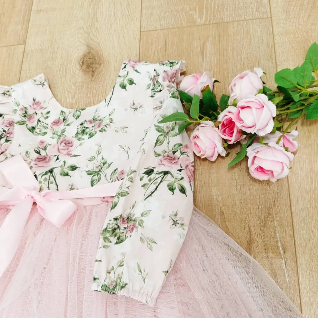 Long Sleeve Peach Blossom Tutu Dress
