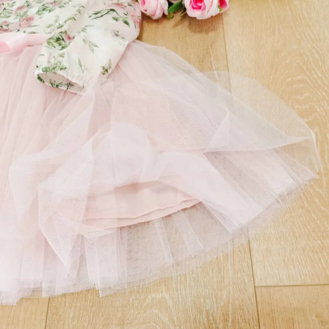 Long Sleeve Peach Blossom Tutu Dress