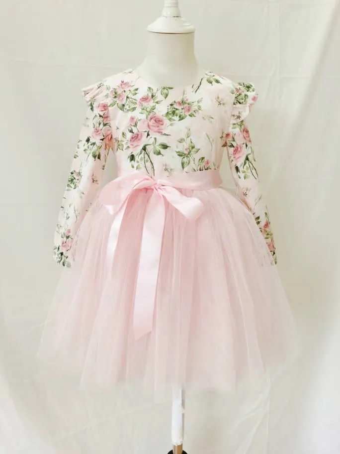 Long Sleeve Peach Blossom Tutu Dress