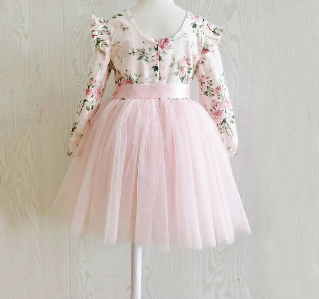 Long Sleeve Peach Blossom Tutu Dress