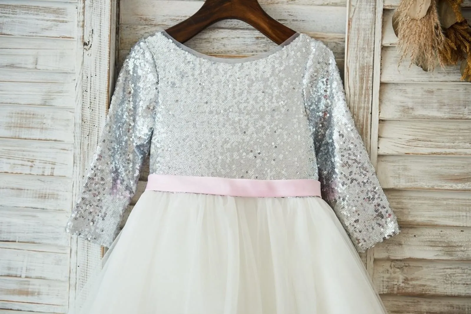 Long Sleeves Silver Sequin Ivory Lace Tulle Wedding Flower Girl Dress