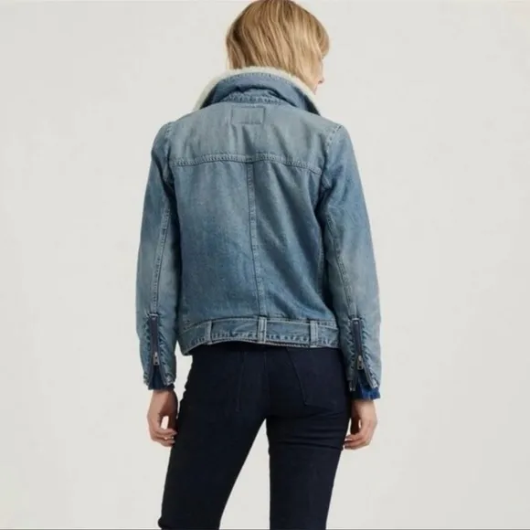 Lucky Brand Moto Fur Denim Jacket Sherpa Sherling Soft Cream Lining