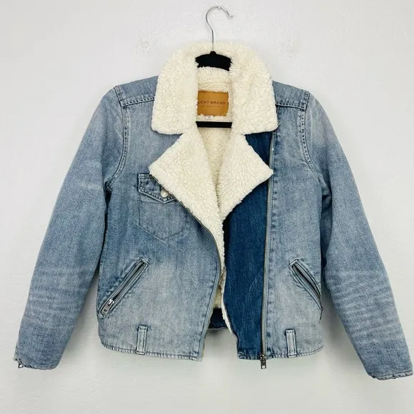 Lucky Brand Moto Fur Denim Jacket Sherpa Sherling Soft Cream Lining