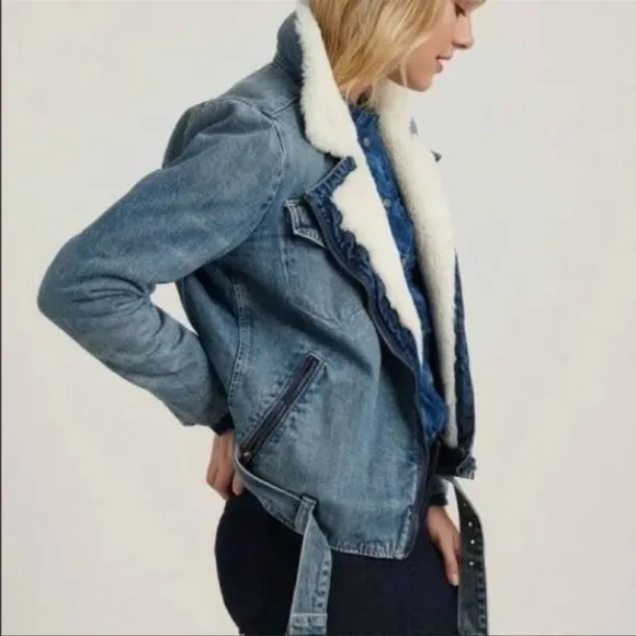 Lucky Brand Moto Fur Denim Jacket Sherpa Sherling Soft Cream Lining