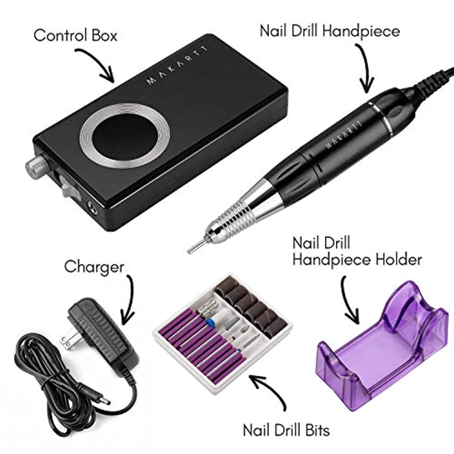 Makarttwith Black Rechargeable Nail Drill Machine Stephanee Electric Nail File with Tungsten Carbide Nail Drill Bits Set Bundle