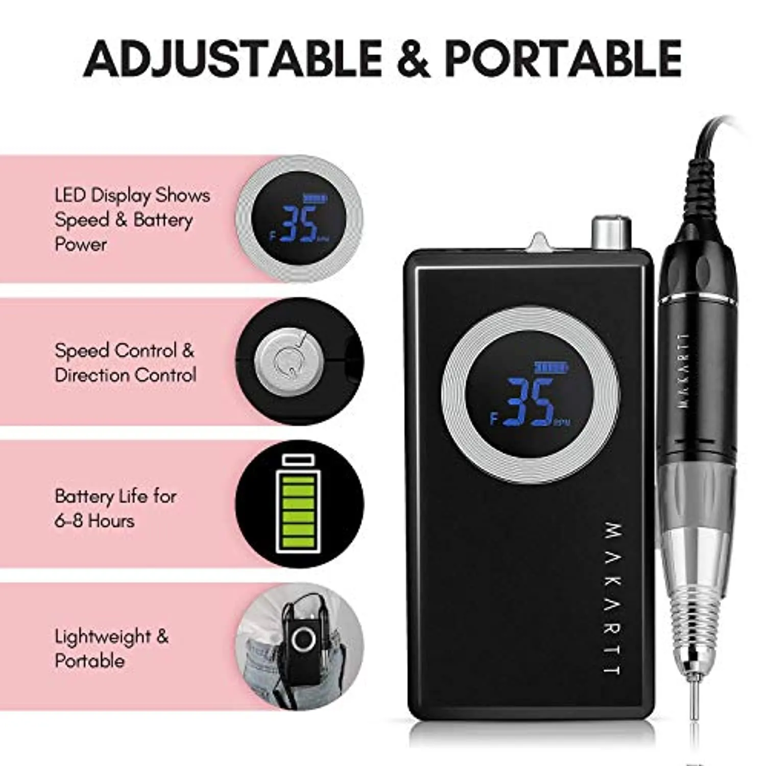 Makarttwith Black Rechargeable Nail Drill Machine Stephanee Electric Nail File with Tungsten Carbide Nail Drill Bits Set Bundle