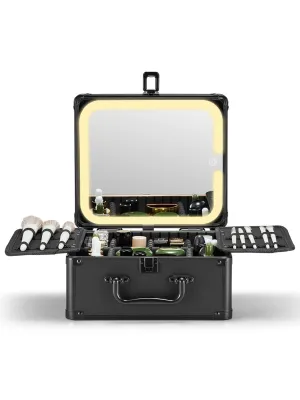 Makeup Box with a Detachable Lighted Mirror, Waterproof Travel Train Case, Cosmetic Organizer and Makeup Suitcase with Adjustable Dividers, Magnetic LED Mirror (Black)