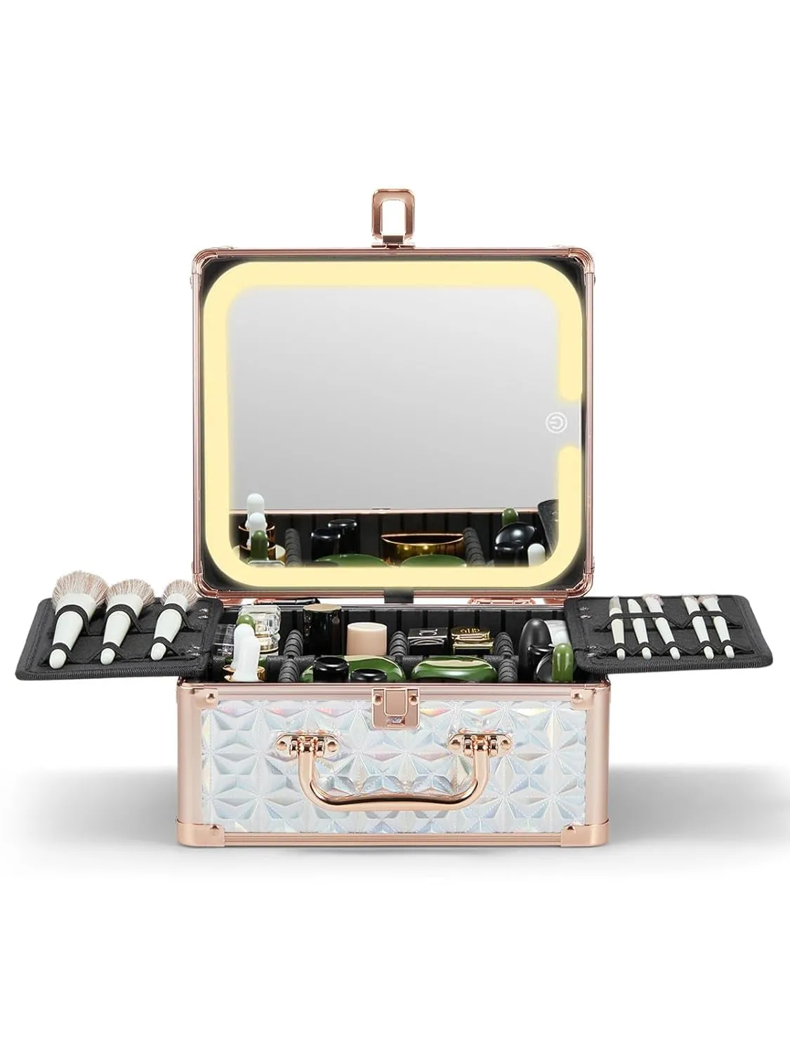 Makeup Box with a Detachable Lighted Mirror, Waterproof Travel Train Case, Cosmetic Organizer and Makeup Suitcase with Adjustable Dividers, Magnetic LED Mirror (Black)