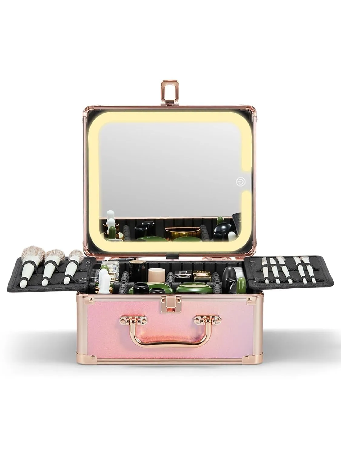 Makeup Box with a Detachable Lighted Mirror, Waterproof Travel Train Case, Cosmetic Organizer and Makeup Suitcase with Adjustable Dividers, Magnetic LED Mirror (Black)