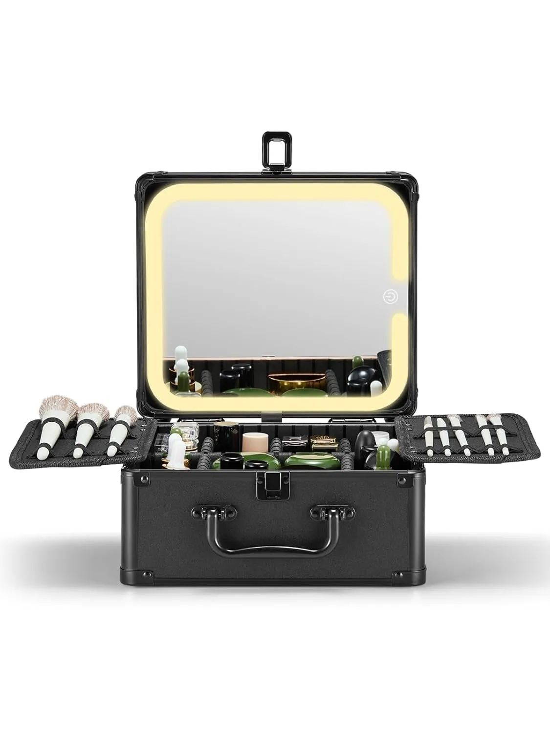 Makeup Box with a Detachable Lighted Mirror, Waterproof Travel Train Case, Cosmetic Organizer and Makeup Suitcase with Adjustable Dividers, Magnetic LED Mirror (Black)
