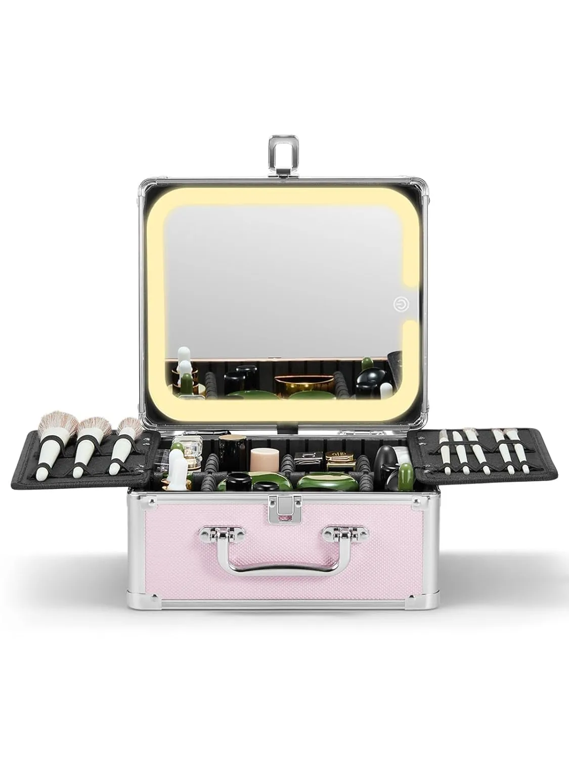 Makeup Box with a Detachable Lighted Mirror, Waterproof Travel Train Case, Cosmetic Organizer and Makeup Suitcase with Adjustable Dividers, Magnetic LED Mirror (Black)