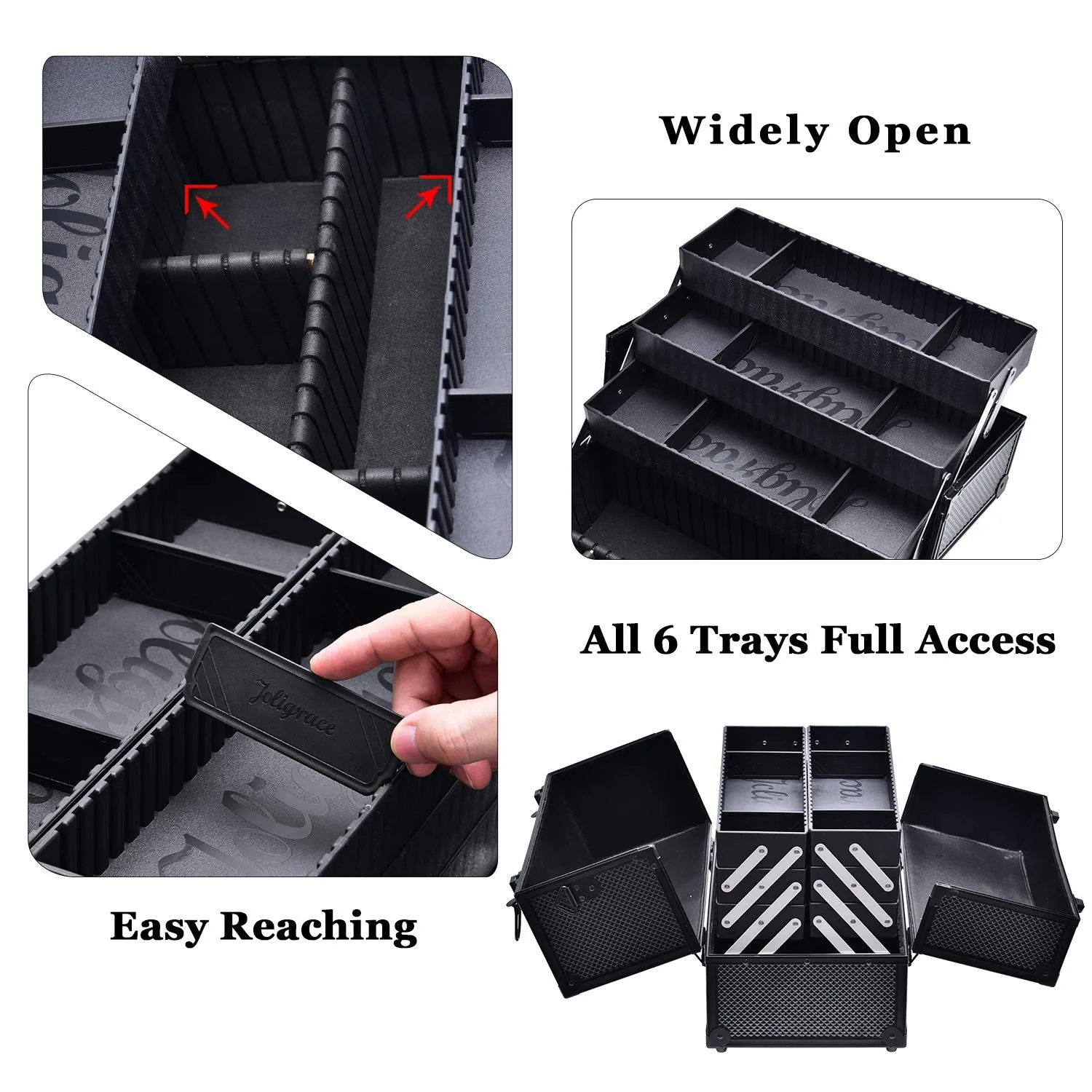 Makeup Train Case Professional Adjustable - 6 Trays Cosmetic Cases Makeup Storage Organizer Box with Lock and Compartments 14 Inch Large Black