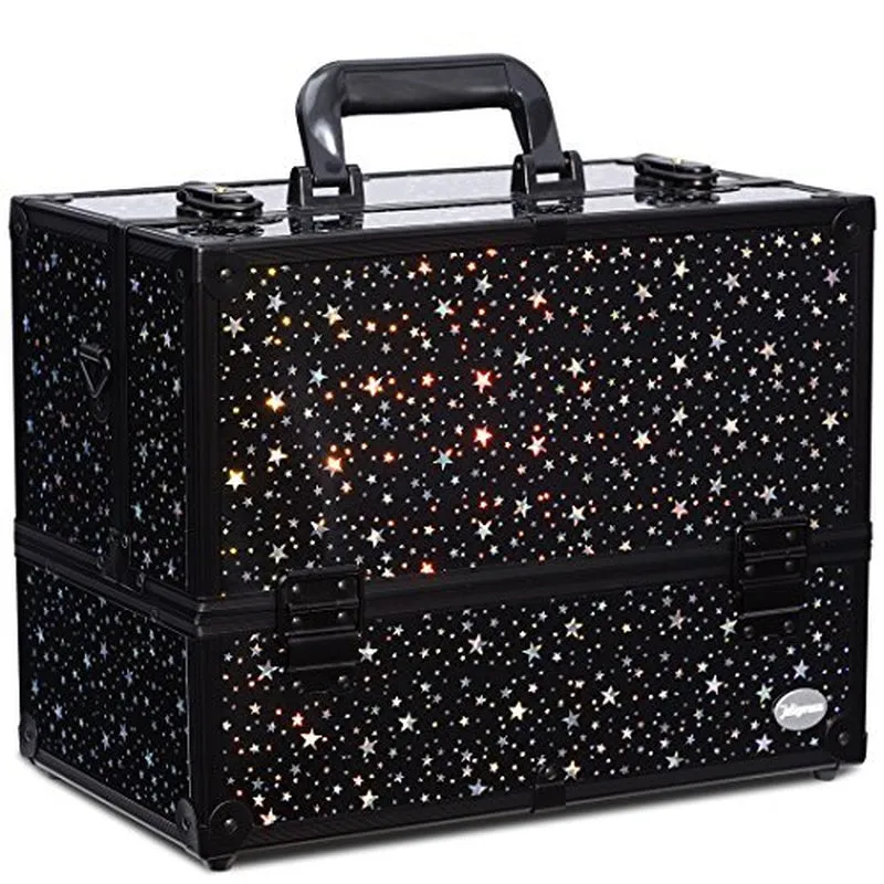 Makeup Train Case Professional Adjustable - 6 Trays Cosmetic Cases Makeup Storage Organizer Box with Lock and Compartments 14 Inch Large Black
