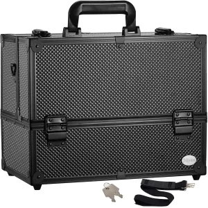 Makeup Train Case Professional Adjustable - 6 Trays Cosmetic Cases Makeup Storage Organizer Box with Lock and Compartments 14 Inch Large Black