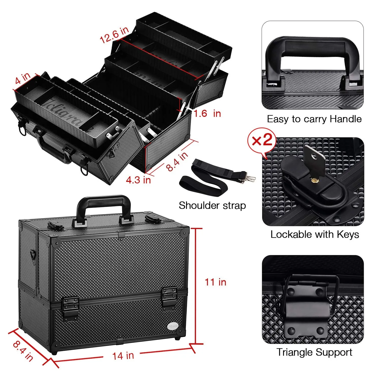 Makeup Train Case Professional Adjustable - 6 Trays Cosmetic Cases Makeup Storage Organizer Box with Lock and Compartments 14 Inch Large Black