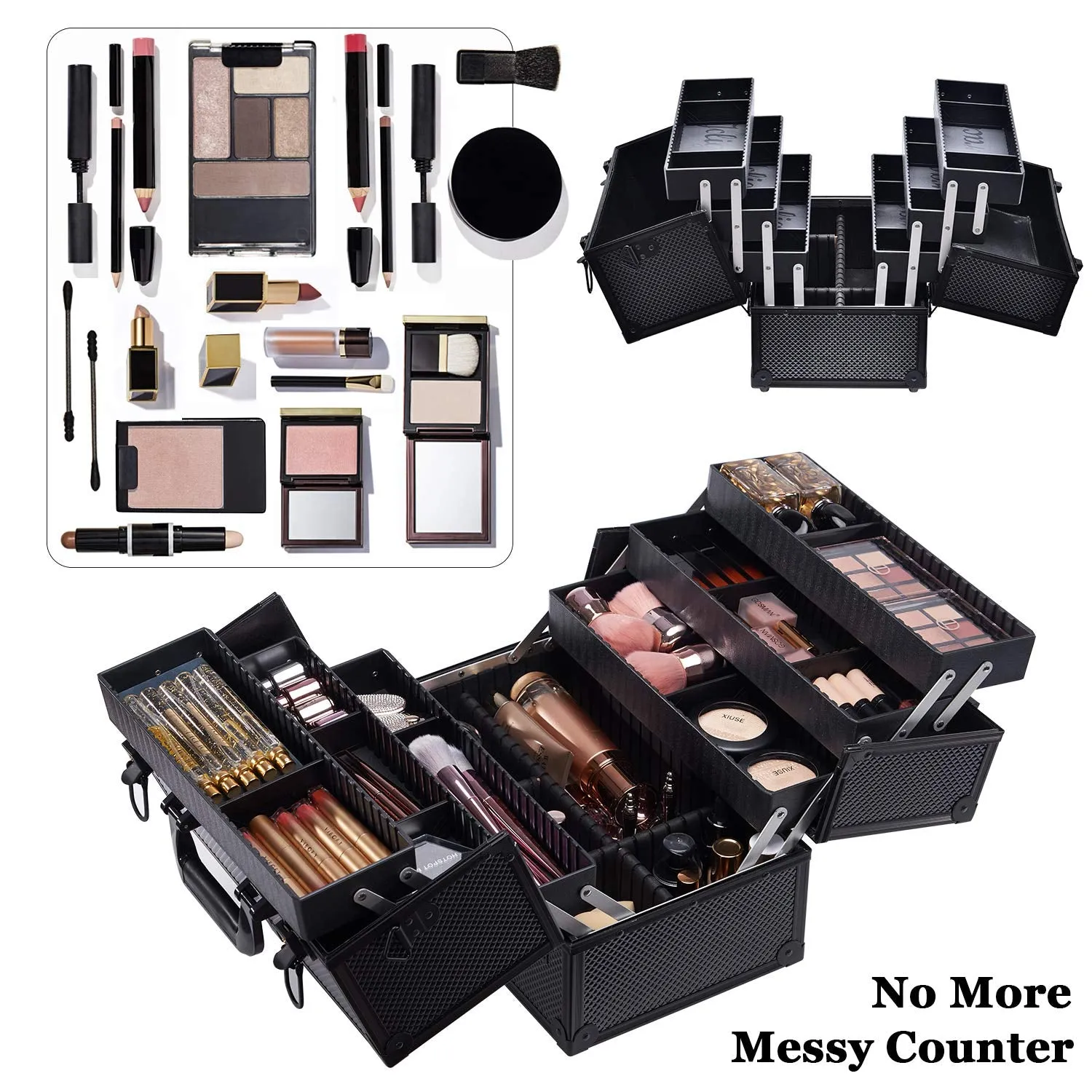 Makeup Train Case Professional Adjustable - 6 Trays Cosmetic Cases Makeup Storage Organizer Box with Lock and Compartments 14 Inch Large Black