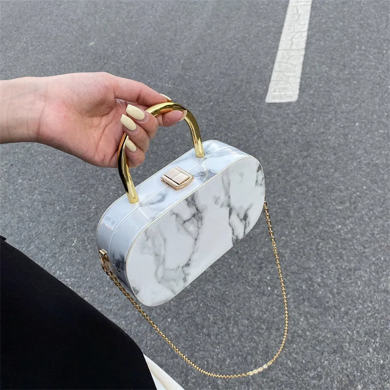Marble Textured Oval Handbag, Mini Chain Crossbody Bag, Trendy Box Purse For Women